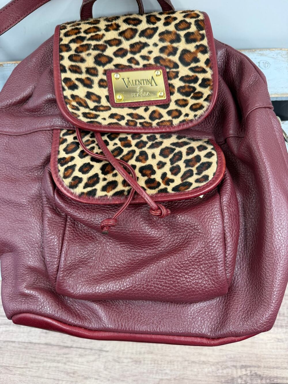 VALENTINA Italia Leather Backpack Purse/Leopard Calf Hair/Drawstring-Made Italy⁠